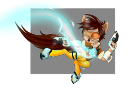 Size: 1024x721 | Tagged: safe, artist:arcuswind, derpibooru import, blaster, crossover, electricity, hoof hold, open mouth, overwatch, ponified, solo, tracer, visor, weapon