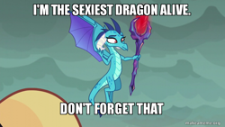 Size: 800x450 | Tagged: safe, derpibooru import, edit, edited screencap, screencap, dragon lord ember, princess ember, dragon, bloodstone scepter, image macro, meme, sexiest dragon alive