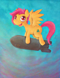 Size: 2000x2600 | Tagged: safe, artist:darkdoomer, derpibooru import, oc, oc only, pegasus, pony, acrylic painting, atomic bomb, bomb, eye of providence, nuclear weapon, painting, riding a bomb, solo, traditional art, weapon