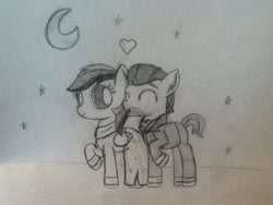 Size: 960x720 | Tagged: safe, artist:thefanficfanpony, derpibooru import, daring do, doctor caballeron, clothes, daballeron, date, dress, eyes closed, female, heart, male, moon, night, shipping, sketch, straight, tuxedo