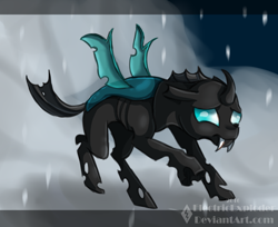 Size: 1024x837 | Tagged: safe, artist:electricexploder, derpibooru import, thorax, changeling, the times they are a changeling, floppy ears, raised hoof, scared, solo