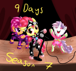 Size: 929x871 | Tagged: safe, artist:katakiuchi4u, apple bloom, scootaloo, sweetie belle, season 7, the show stoppers, alternate hairstyle, animated, countdown to season 7, cutie mark crusaders, face paint, gif, microphone, show stopper outfits