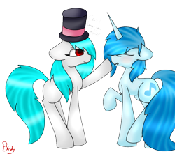 Size: 980x865 | Tagged: safe, artist:birdyboop, derpibooru import, oc, oc only, oc:bird song, oc:winter song, blushing, hat, poking