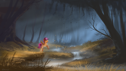 Size: 1920x1080 | Tagged: dead source, safe, artist:shamanguli, derpibooru import, scootaloo, pony, crepuscular rays, cutie mark, forest, river, scenery, solo, stream, the cmc's cutie marks