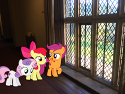 Size: 3264x2448 | Tagged: safe, artist:harpycross, derpibooru import, apple bloom, scootaloo, sweetie belle, cutie mark, cutie mark crusaders, hallway, house, irl, photo, ponies in real life, the cmc's cutie marks, window