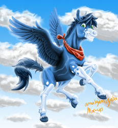 Size: 2550x2762 | Tagged: safe, artist:amalgamzaku, derpibooru import, oc, oc only, oc:mix-up, pegasus, pony, bandana, cloud, flying, male, solo, stallion