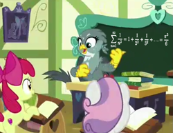 Size: 803x619 | Tagged: safe, derpibooru import, edit, edited screencap, screencap, apple bloom, gabby, sweetie belle, griffon, the fault in our cutie marks, basel problem, fancy mathematics, math, ponytail