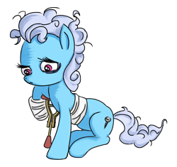 Size: 2538x2388 | Tagged: safe, artist:limeylassen, derpibooru import, screw loose, earth pony, pony, where the apple lies, bandage, black eye, crutches, female, injured, mare, sad, scene interpretation, simple background, sitting, solo, transparent background