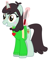 Size: 2700x3222 | Tagged: safe, artist:sketchmcreations, derpibooru import, sprout greenhoof, viva las pegasus, chara, clothes, knife, las pegasus resident, locket, magic, simple background, sweater, telekinesis, this will end in death, transparent background, undertale, vector