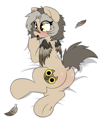 Size: 2000x2400 | Tagged: safe, artist:rileyisherehide, oc, oc only, oc:owl eyes, pegasus, pony, bed, blushing, body pillow, body pillow design, butt, feather, molting, plot