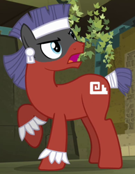 Size: 424x546 | Tagged: safe, derpibooru import, screencap, earth pony, pony, daring don't, aztec, background pony, bodypaint, cropped, male, open mouth, raised hoof, solo, stallion, tail wrap, unnamed pony