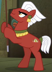 Size: 407x562 | Tagged: safe, derpibooru import, screencap, earth pony, pony, daring don't, aztec, background pony, cropped, male, rearing, solo, stallion, unnamed pony