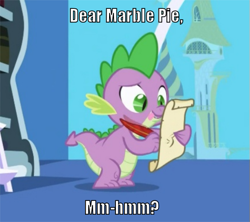 Size: 511x453 | Tagged: safe, derpibooru import, edit, edited screencap, editor:scrounge, screencap, marble pie, spike, dragon, friendship is magic, caption, exploitable meme, image macro, letter, male, meme, quill, spike's love letters, tongue out