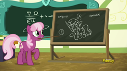 Size: 1366x768 | Tagged: safe, derpibooru import, screencap, cheerilee, pony, 28 pranks later, chalkboard, mouth hold, pointer, prank, smell