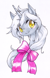 Size: 1144x1769 | Tagged: safe, artist:hashioaryut, derpibooru import, oc, oc only, pony, unicorn, bust, hair bow, portrait, simple background, solo, traditional art, white background