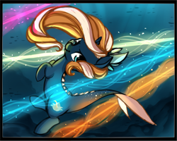 Size: 1441x1153 | Tagged: safe, artist:starshinebeast, derpibooru import, oc, oc only, oc:tidal charm, original species, aquapony, danger, dodge, female, filly, foal, magic, seaunicorn, solo, swimming