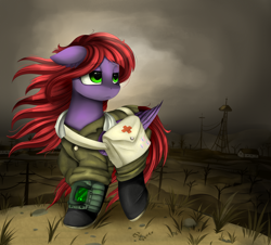 Size: 3882x3509 | Tagged: safe, artist:pridark, oc, oc only, pegasus, pony, fallout equestria, clothes, commission, fallout, female, mare, pipbuck, sad, scenery, solo, wasteland