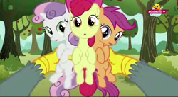 Size: 1280x702 | Tagged: safe, derpibooru import, screencap, apple bloom, gabby, scootaloo, sweetie belle, griffon, the fault in our cutie marks, cutie mark crusaders, minimini