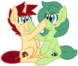 Size: 1000x851 | Tagged: safe, artist:bloodorangepancakes, derpibooru import, oc, oc only, oc:ruby pancakes, oc:silly numptie, earth pony, pony, unicorn, boop, duo, female, mare, simple background, transparent background