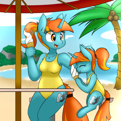 Size: 1280x1280 | Tagged: safe, artist:rice, derpibooru import, oc, oc only, oc:swift note, anthro, pony, anthro ponidox, anthro with ponies, armpits, beach, clothes, female, food, ice cream, mare, one-piece swimsuit, swimsuit