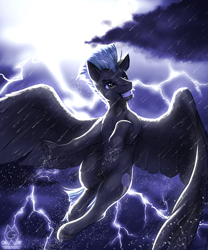 Size: 2250x2700 | Tagged: safe, artist:mykegreywolf, thunderlane, pegasus, pony, cloud, flying, grin, lightning, male, rain, smiling, solo, stallion, storm, underhoof, wet