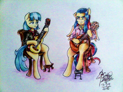 Size: 2048x1536 | Tagged: safe, artist:mannybcadavera, derpibooru import, coco pommel, oc, oc:sigvard, anthro, pegasus, unguligrade anthro, guitar, traditional art