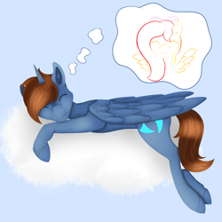 Size: 2000x2000 | Tagged: safe, artist:heniek, derpibooru import, oc, oc only, alicorn, pony, alicorn oc, cloud, dream, sleeping, solo, wings