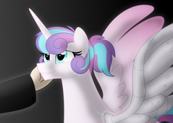 Size: 1553x1106 | Tagged: safe, artist:faith-wolff, derpibooru import, princess flurry heart, alicorn, human, pony, fanfic:the bridge, amputee, augmented, azusa gojo, crossover, fanfic, fanfic art, female, godzilla (series), grin, hair bun, happy, mare, older, prosthetic limb, prosthetic wing, prosthetics, smiling, solo focus