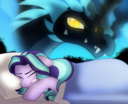 Size: 1280x1037 | Tagged: safe, artist:faith-wolff, derpibooru import, oc, oc only, oc:moonbeam glimmer, dragon, pony, fanfic:the bridge, beamzilla, bed, blanket, crying, death stare, eyes closed, fanfic, fanfic art, female, floppy ears, glowing eyes, mare, nightmare, pillow, post traumatic stress disorder, ptsd, scar, smoke, survivor's guilt