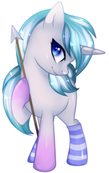 Size: 837x1337 | Tagged: safe, artist:sugguk, derpibooru import, oc, oc only, oc:northern lights, clothes, socks, solo, spear, striped socks, weapon