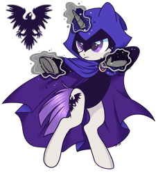 Size: 2548x2796 | Tagged: safe, artist:hawthornss, derpibooru import, oc, oc only, oc:zinthos, pony, unicorn, cape, clothes, expy, frown, hood, leotard, magic, raven (teen titans), simple background, solo, teen titans, transparent background, underhoof