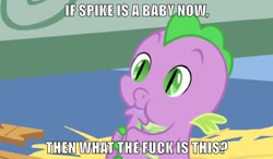 Size: 940x548 | Tagged: safe, artist:xxmidnightderexx, derpibooru import, edit, edited screencap, screencap, spike, dragon, the cutie mark chronicles, :t, baby spike, drool, image macro, meme, puffy cheeks, smiling, solo, tail sucking, vulgar