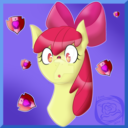 Size: 1024x1024 | Tagged: safe, artist:firegoddess2148, derpibooru import, apple bloom, ladybug, :o, bust, cutie mark, portrait, solo, the cmc's cutie marks, watermark