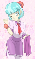 Size: 600x1000 | Tagged: safe, artist:ta-na, derpibooru import, coco pommel, equestria girls, clothes, cocobetes, cute, equestria girls-ified, pincushion, sewing, sewing needle, skirt, solo, wink