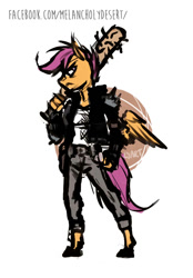 Size: 658x945 | Tagged: safe, artist:lya, derpibooru import, scootaloo, anthro, pegasus, unguligrade anthro, baseball bat, clothes, grumpy, jacket, jeans, kezsüel, pants, post-apocalyptic, roleplaying, solo, standing, wings