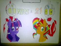 Size: 1600x1200 | Tagged: safe, artist:ponylockseedtum, derpibooru import, oc, oc:sunset 21, oc:sunset shimmer 21, oc:twilight neos, oc:twinkle starshine, crossover, ultra series, ultraman, ultraman neos, ultraseven 21