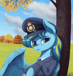 Size: 2300x2389 | Tagged: safe, artist:mrscroup, derpibooru import, oc, oc only, oc:bolterdash, pegasus, pony, against tree, clothes, field, grass field, looking at you, scenery, solo, tree, tree carving, under the tree, uniform