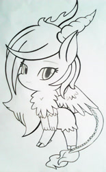 Size: 1189x1920 | Tagged: safe, artist:koncech, derpibooru import, discord, eris, adoreris, chibi, cute, monochrome, rule 63, rule63betes, solo, traditional art