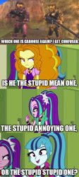 Size: 500x1118 | Tagged: safe, edit, edited screencap, screencap, adagio dazzle, aria blaze, sonata dusk, equestria girls, rainbow rocks, grif, imgflip, meme, michael j caboose, private franklin delano donut, red vs blue, rvb, simmons, the dazzlings