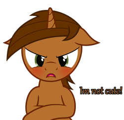 Size: 2000x1936 | Tagged: safe, artist:waveywaves, derpibooru import, oc, oc only, oc:copper, blushing, dialogue, floppy ears, i'm not cute, simple background, solo, transparent background