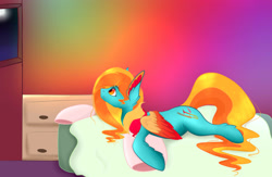 Size: 2999x1961 | Tagged: safe, artist:quarake, derpibooru import, oc, oc only, oc:stormence, bed, bedroom, colorful, cuddly, cute, fluffy, room, window