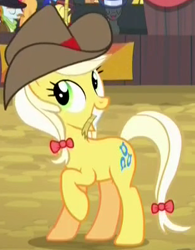 Size: 313x402 | Tagged: safe, derpibooru import, screencap, earth pony, pony, appleoosa's most wanted, background pony, bow, cowboy hat, cropped, female, hair bow, hat, mare, mouth hold, raised hoof, solo, solo focus, tail bow, unnamed pony