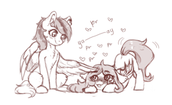 Size: 1280x782 | Tagged: safe, artist:dagmell, derpibooru import, oc, oc only, bat pony, pegasus, pony, bat pony oc, behaving like a cat, cute, duo, heart, looking at each other, monochrome, petting, purring, simple background, sketch, white background