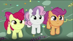 Size: 854x479 | Tagged: safe, derpibooru import, screencap, apple bloom, scootaloo, sweetie belle, earth pony, pegasus, pony, unicorn, the fault in our cutie marks, adorabloom, cute, cutealoo, cutie mark, cutie mark crusaders, cutie mark cuties, diasweetes, female, filly, looking up, the cmc's cutie marks, weapons-grade cute