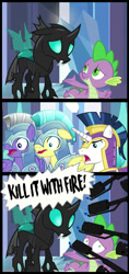 Size: 378x798 | Tagged: safe, derpibooru import, edit, edited screencap, screencap, spike, thorax, changeling, dragon, the times they are a changeling, flamethrower, kill it with fire, pyro, screencap comic, spy, spycheck, team fortress 2, this will end in death, this will end in fire