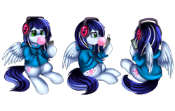 Size: 3862x2455 | Tagged: safe, artist:pridark, oc, oc only, oc:bubble splat, pegasus, pony, bubblegum, clothes, commission, female, food, green eyes, gum, headphones, hoodie, lidded eyes, mare, mp3 player, simple background, sitting, solo, sweater, transparent background