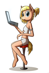 Size: 960x1420 | Tagged: safe, artist:tg-0, oc, oc only, oc:gamble, anthro, earth pony, unguligrade anthro, belly button, boyshorts, clothes, computer, female, laptop computer, mare, panties, solo, stool, tanktop, underwear, white underwear