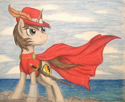 Size: 1304x1064 | Tagged: safe, artist:thefriendlyelephant, derpibooru import, oc, oc only, oc:heroic armour, pony, unicorn, cape, clothes, cloud, commission, feather, hat, ocean, red mage, regal, rock, sword, traditional art, weapon