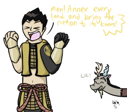 Size: 679x597 | Tagged: safe, artist:katonator, derpibooru import, discord, discorded, lol, sengoku basara, text, tokugawa ieyasu