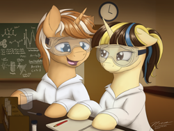 Size: 1024x768 | Tagged: safe, artist:novaintellus, derpibooru import, oc, oc only, clothes, lab coat, safety goggles, science